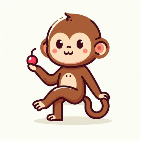 Cute cartoon monkey with apple on white background. Vector illustration.のイラスト素材