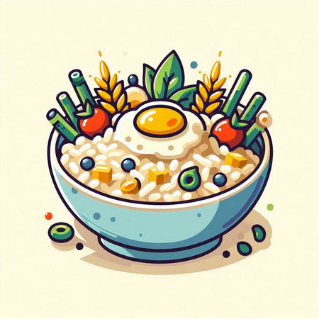 Illustration of a bowl of rice with fried egg and vegetables.のイラスト素材