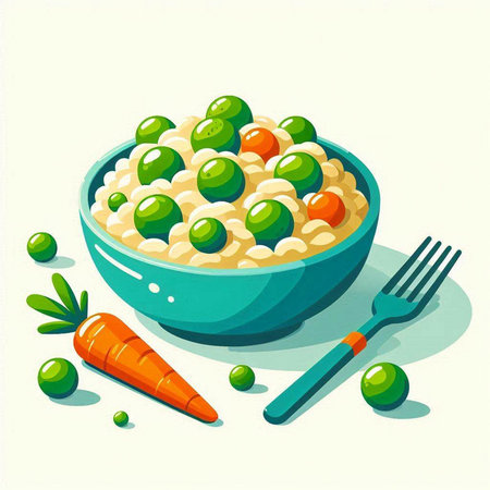 Illustration of a bowl of porridge with green peas and carrotsのイラスト素材