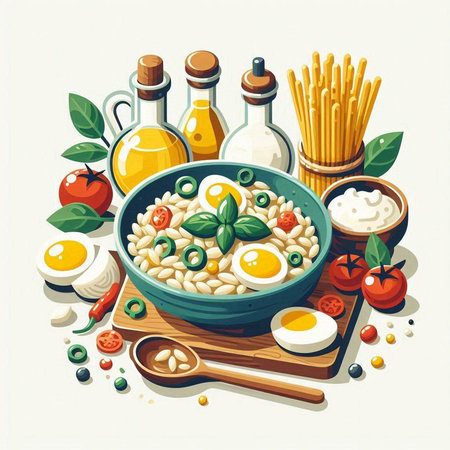 Risotto with eggs, green olives, tomatoes, basil and olive oil. Vector illustrationのイラスト素材