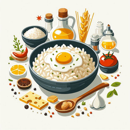 Rice in a bowl with ingredients for cooking. Vector illustration.のイラスト素材