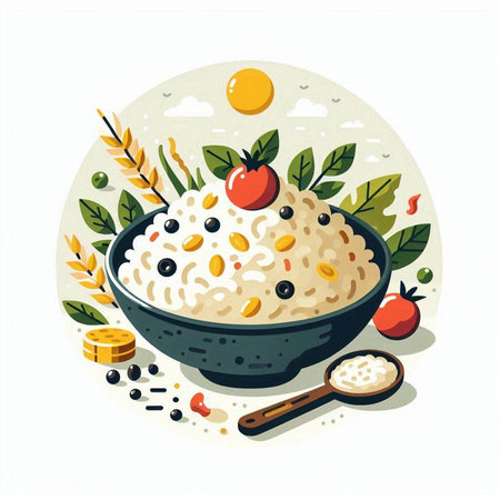 Rice porridge in a bowl. Vector illustration on white background.のイラスト素材
