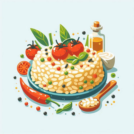 Illustration of a bowl of risotto with tomatoes, olives and herbsのイラスト素材
