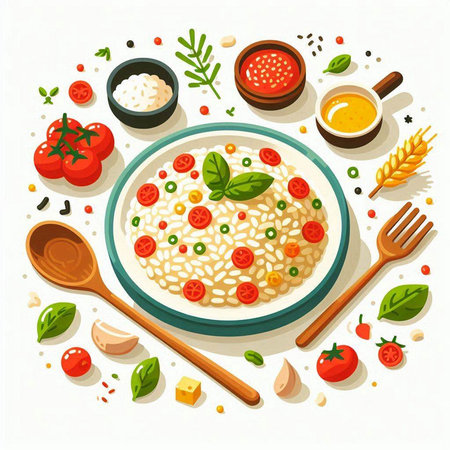 Risotto with tomatoes, cheese and basil. Vector illustration.のイラスト素材