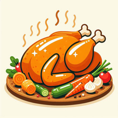 Roast chicken on a wooden plate with vegetables. Vector illustration.のイラスト素材