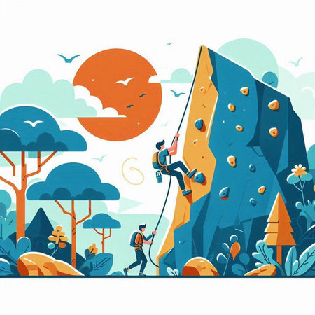 Rock climber climbing on a cliff. Flat style vector illustration.のイラスト素材