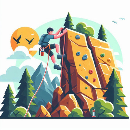A man climbs on a rock in the mountains. Flat style vector illustration.のイラスト素材