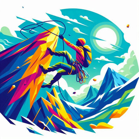 Vector illustration of a climber reaching the top of a mountain.のイラスト素材