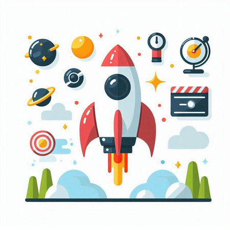 Flat design modern vector illustration concept of start up business, rocket launch with icons.のイラスト素材