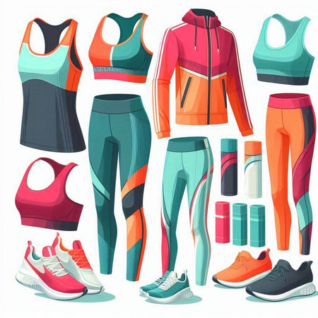 Fitness sportswear set. Sportswear and sneakers. Vector illustrationのイラスト素材