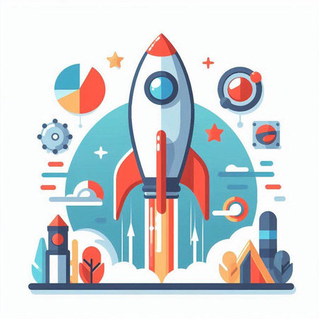 Rocket launch, start up business concept. Flat design vector illustration.のイラスト素材