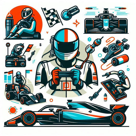Funny karting sport elements. Vector illustration in cartoon style.のイラスト素材