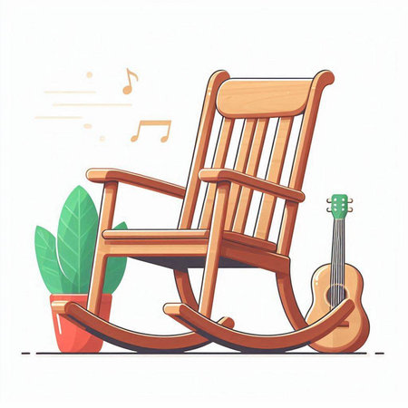 Illustration of rocking chair with a guitar on a white background.のイラスト素材