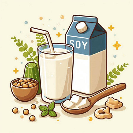 Vector illustration of soy milk in a glass with a straw and a wooden spoon.のイラスト素材