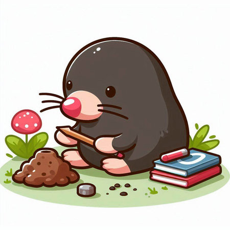 Mole writing with a pencil in the garden. Vector illustration.のイラスト素材