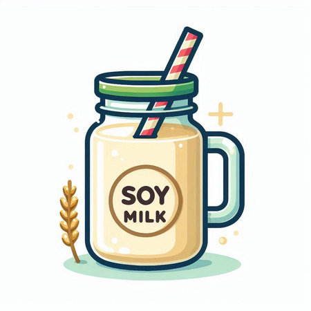 Soy milk in a glass jar with a straw. Vector illustration.のイラスト素材