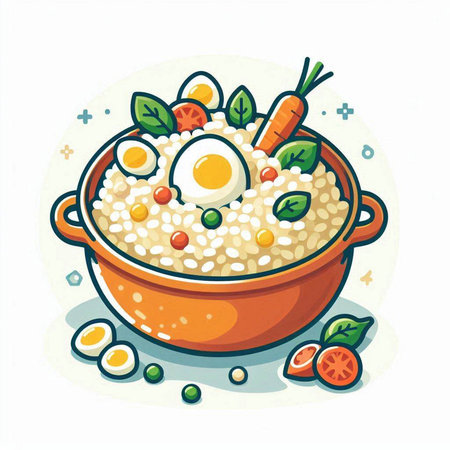 Illustration of a bowl of rice with egg, carrots and greensのイラスト素材