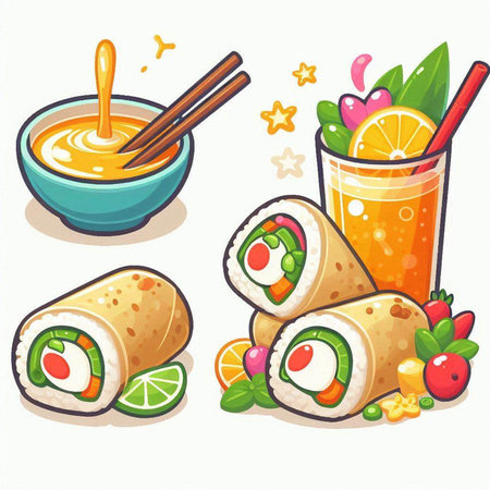 Set of sushi rolls with sauce and chopsticks. Vector illustration.のイラスト素材