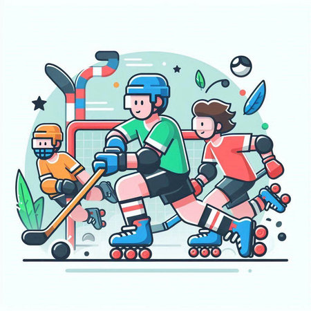 Cute cartoon vector illustration of a group of children playing ice hockey.のイラスト素材