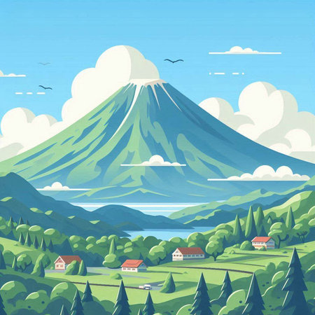 Mt. Fuji and the village in the mountains. Vector illustration.のイラスト素材