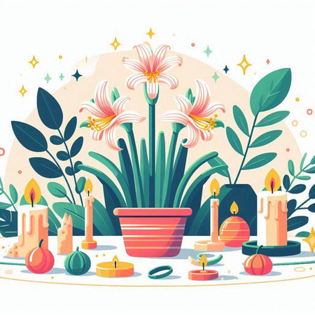 Vector illustration of a flower in a pot, candles and plants.のイラスト素材
