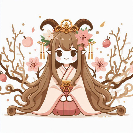 Cute cartoon kawaii girl with long hair and flowers.のイラスト素材