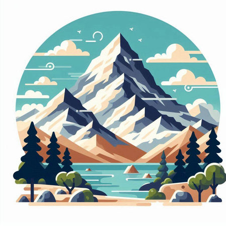Mountains and lake. Vector illustration in flat style. Landscape with mountains.のイラスト素材