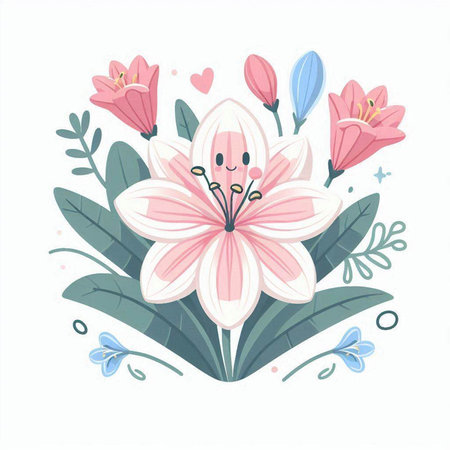 Vector illustration of pink lily with green leaves on a white backgroundのイラスト素材
