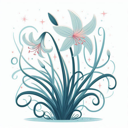 Illustration of abstract floral background with lily flowers and stars.のイラスト素材