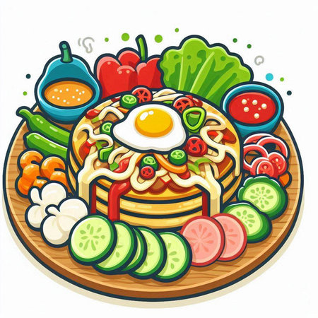 Illustration of a plate of fresh vegetables with fried egg on topのイラスト素材