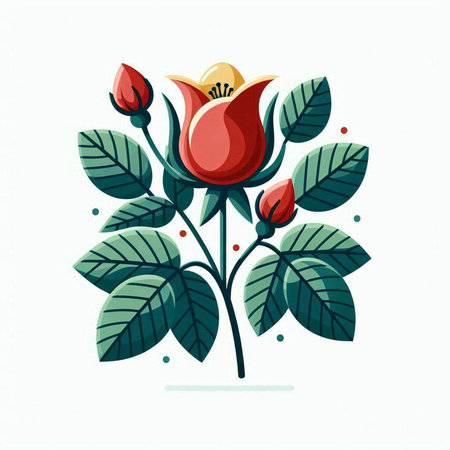 Vector illustration of a red rose with green leaves on a white background.のイラスト素材