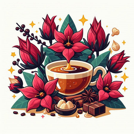 Cup of coffee with poinsettia flowers. Vector illustrationのイラスト素材