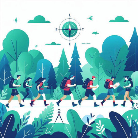 Group of people walking in the forest. Flat style vector illustration.のイラスト素材