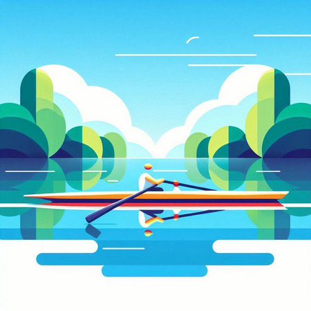 Colorful illustration of a rowing boat on the lake. Vector illustration.のイラスト素材