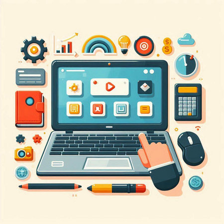 Flat design modern vector illustration concept of online education, e-learning, distance learning, e-learning. Laptop, tablet, mobile phone, computer keyboard, mouse, calculator, keypad, pencil, walletのイラスト素材