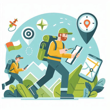 Backpacker with tablet and map. Vector illustration in flat styleのイラスト素材