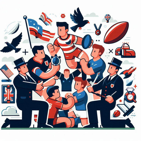 Vector illustration of a team of rugby players in action on white background.のイラスト素材