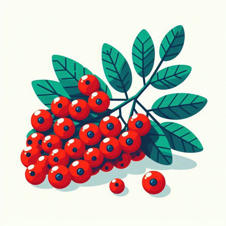 Bunch of rowan berries with green leaves. Vector illustration.のイラスト素材