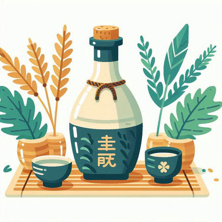 Japanese sake in a bottle on the bamboo mat. Vector illustration.のイラスト素材