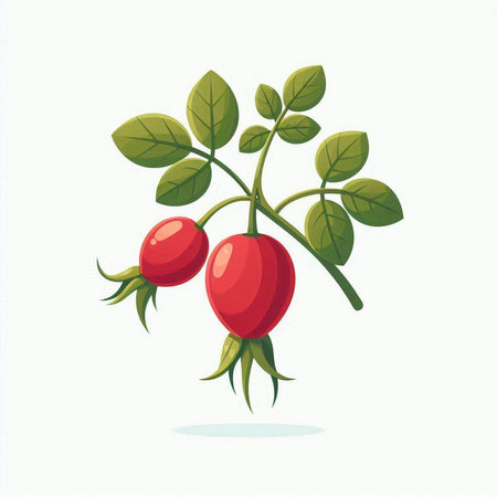 Vector illustration of a rosehip branch with ripe berries and green leaves.のイラスト素材
