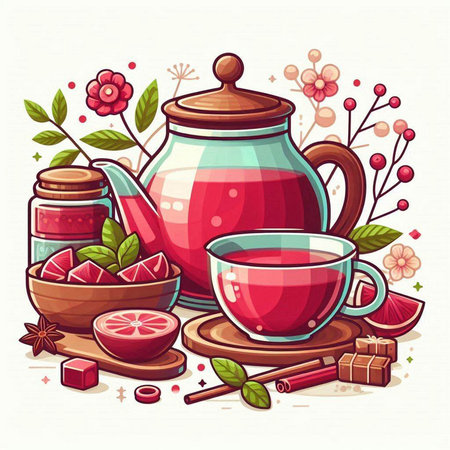Tea set. Vector illustration of a teapot and cup of tea.のイラスト素材
