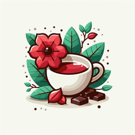 Cup of tea with red flower and chocolate. Vector illustration.のイラスト素材