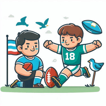 Illustration of a boy playing rugby with his friend in the parkのイラスト素材