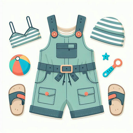 Set of summer clothing and accessories. Vector illustration in flat style.のイラスト素材