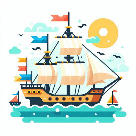 Sailing ship in the sea. Vector illustration in flat style.のイラスト素材