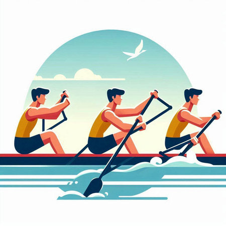 Group of men rowing on the river. Flat style vector illustration.のイラスト素材