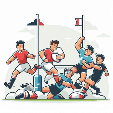 Illustration of a group of rugby players on the field, vector illustrationのイラスト素材