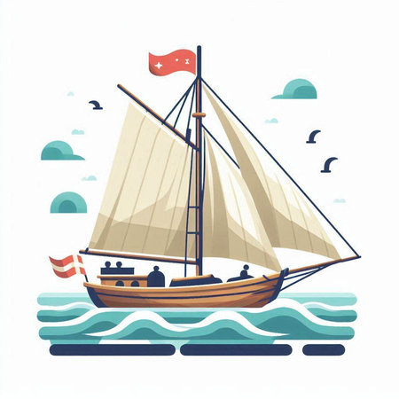 Sailing ship in the sea. Vector illustration in flat style.のイラスト素材