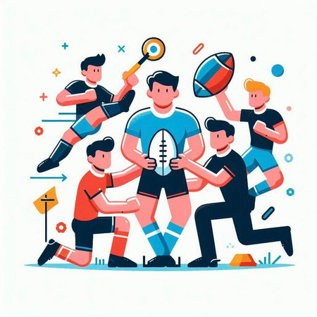 Rugby players. Vector illustration in flat style. The concept of sport, teambuilding, teambuilding.のイラスト素材