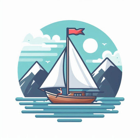 Sailing boat on the sea. Vector illustration in flat style.のイラスト素材